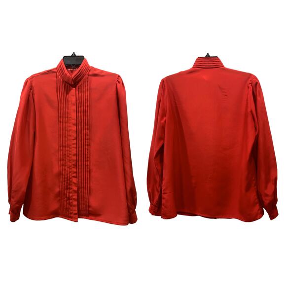 Vintage 70s Red High Collar Secretary Blouse with Pleats | M/L - Picture 7 of 8